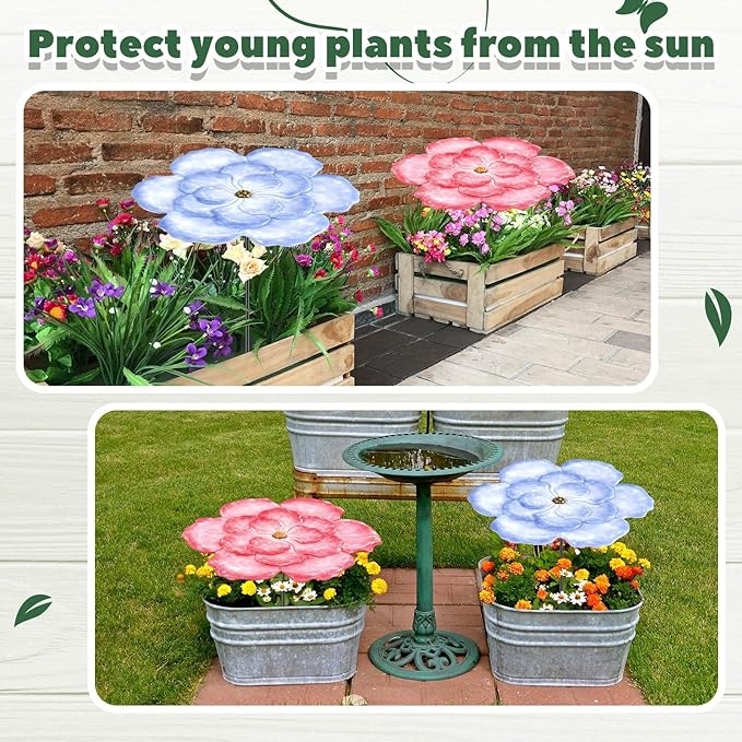 Mixweer 2 Pack Metal Plant Shade Umbrellas for Outdoor Plants, 12" Realistic Flower Design Garden Plant Umbrella Shade, Decorative for Potted Plants, Garden Beds, Flower Beds Decoration