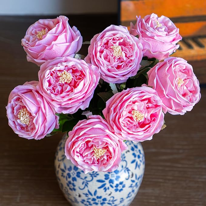 DUYONE Fake Flowers for Decoration Home Decor Artificial Flowers Austin Rose Peony Latex Fake Flower Living Room Decoration Vivid Pink Roses Peonies (Pink 4pcs)