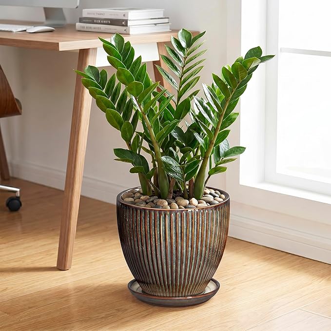 Ceramic Pots for Plants, 10 Inch Planters for Indoor Plants, Decorative Planter with Drainage Hole and Saucer, Round Indoor Plant Pots, Modern Planter, House Decor, Women Men Gifts, Retro Brown