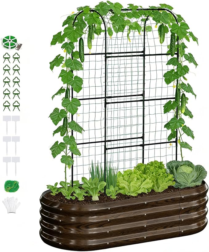 DoCred 2 in 1 Galvanized Raised Garden Bed, 1Pcs Garden Planter Box with 71" H Trellis for Climbing Plants, Outdoor Gardening Raised Beds with Climbing Net for Fruits, Vegetables, Flower (Wood Grain)