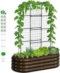 DoCred 2 in 1 Galvanized Raised Garden Bed, 1Pcs Garden Planter Box with 71" H Trellis for Climbing Plants, Outdoor Gardening Raised Beds with Climbing Net for Fruits, Vegetables, Flower (Wood Grain)