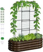 DoCred 2 in 1 Galvanized Raised Garden Bed, 1Pcs Garden Planter Box with 71" H Trellis for Climbing Plants, Outdoor Gardening Raised Beds with Climbing Net for Fruits, Vegetables, Flower (Wood Grain)