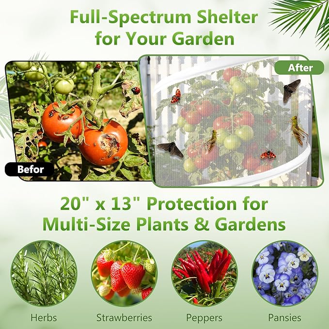 5 Pack Pop Up Insect Barrier Plant Cover, 20''H x 13''D Pop Up Fine Mesh Plant Protector with 24 Stakes 36 Labels Carry Bags, Pop Up Guard Plant Cover Tents for Vegetables Flowers, Black & White