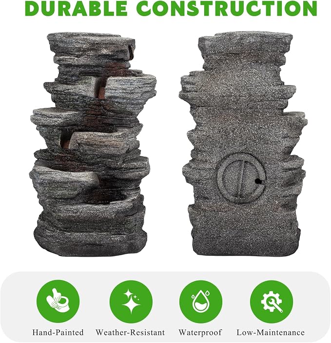Solarbloom Outdoor Water Fountain with LED Lights, 5-Tier Spiral Cascading Stacked Waterfall Fountain Freestanding Resin Water Feature for Patio, Garden, Backyard, Deck