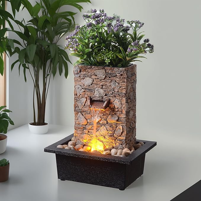 Kalona Tabletop Waterfall Fountain, Zen Fountain for Home Office Decor with LED Lights, Relaxing Indoor Water Feature with Realistic Stone Look for Meditation(23111)
