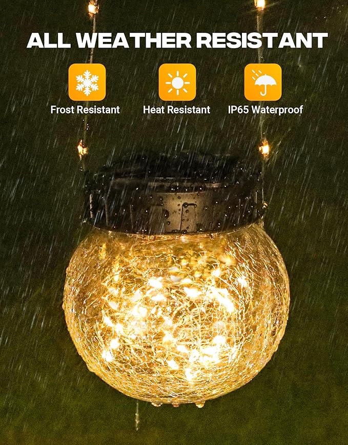 PARTPHONER Solar Lights Outdoor Waterproof 12-Pack, Solar Powered Hanging Lantern Cracked Glass Hanging Globes for Yard Decor Christmas Decoration, Shepherd Hook, Garden Tree Ornaments, Warm White