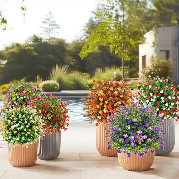 2 Pack 24" White Red Faux Topiary Ball Trees with Spikes, UV Resistant Artificial Boxwood Plants with Flowers, Fake Shrubs for Spring Outdoor Planters, Front Porch Garden Decor