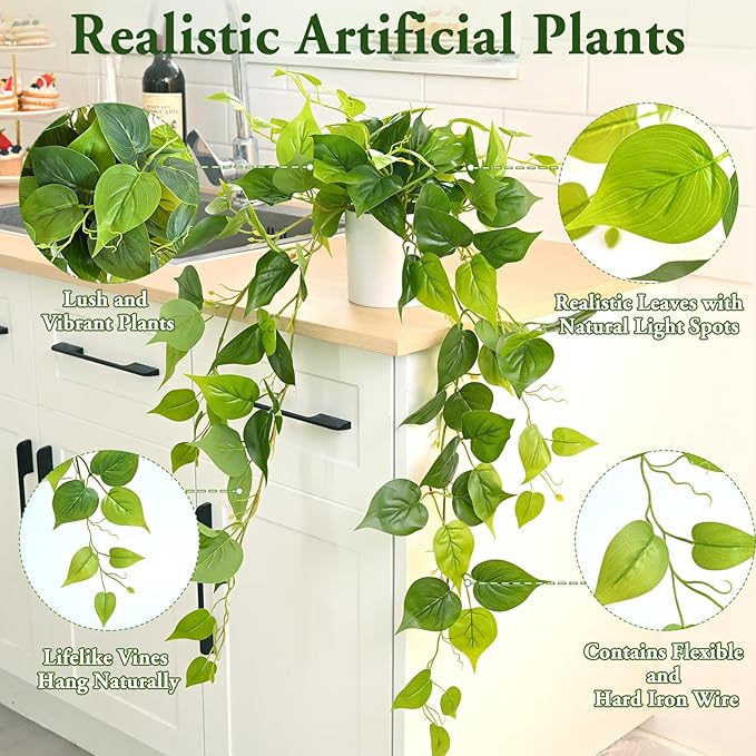 Waipfaru Artificial Plants Indoor, 1Pcs 34" Realistic Fake Pothos Hanging Plants Silk Vines Ivy Potted, Fake Pothos for Living Room Office Bedroom Bathroom Kitchen Shelves Indoor Home Decor