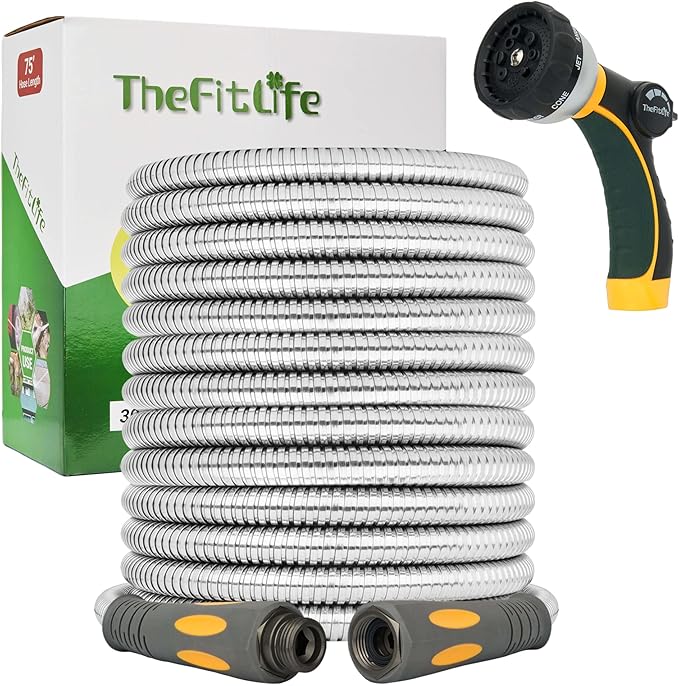 TheFitLife Flexible Metal Garden Hose - 75 FT Lightweight Stainless Steel Water Hose with Solid Fittings and Sprayer Nozzle - Leak Proof, Kink Free, Anti-rust, Large Diameter, Durable and Easy Storage