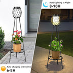MXwcy 2-in-1 Solar Lights Outdoor with Plant Stand, Waterproof Vintage Solar Floor Lamp & Metal Planter Holder, Tall Geometric Lantern Tripod for Patio, Garden, Yard, Porch Decor (2 Pack)
