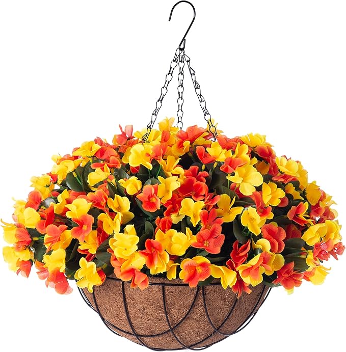 INXUGAO Artificial Hanging Flowers with 12" Basket for Outdoor Decor, Fake Hydrangea UV Resistant Arrangements in Pot Planter Decor for Spring Summer Porch Garden Yard(OrangeYellow)