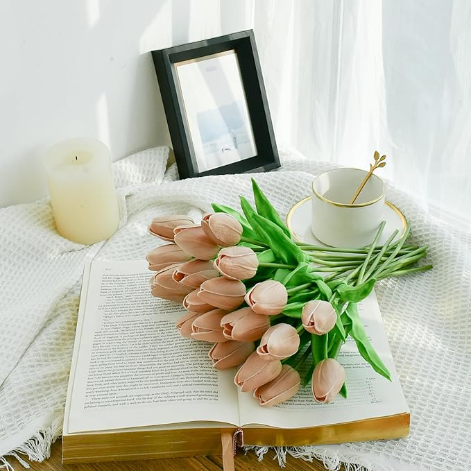 Mandy's Light Brown Artificial Tulips Flowers Centerpiece, 13.5" Lifelike PU Fake Floral Stems 20pcs for Kitchen Island & Dining Table, Spring Decor for Easter