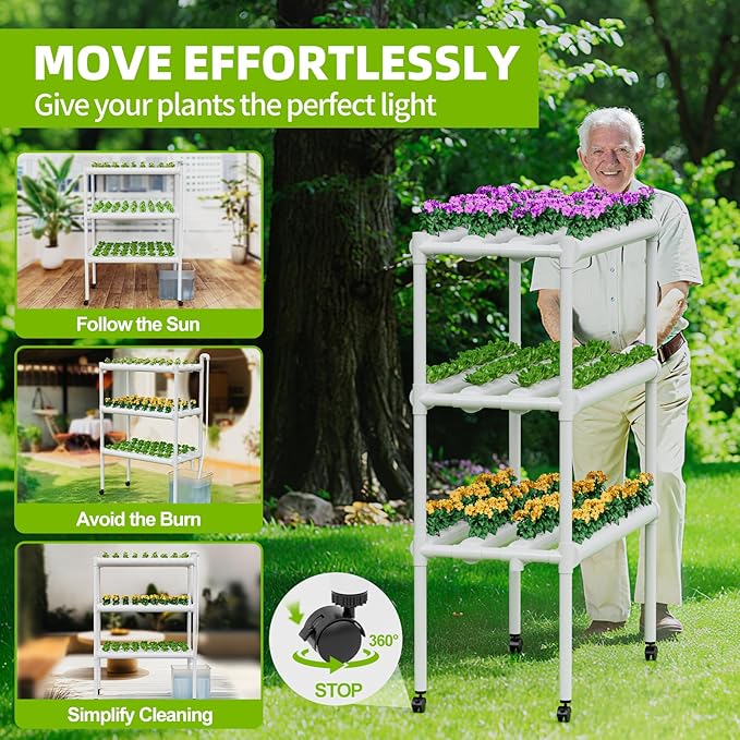 SPECILITE Hydroponics Growing System with Wheels, 3-Tier 108 Plant Sites Food-Grade PVC-U Pipes Gardening Kit for Leafy Vegetables, Lettuce, Herbs, with Water Pump, Indoor, Outdoor