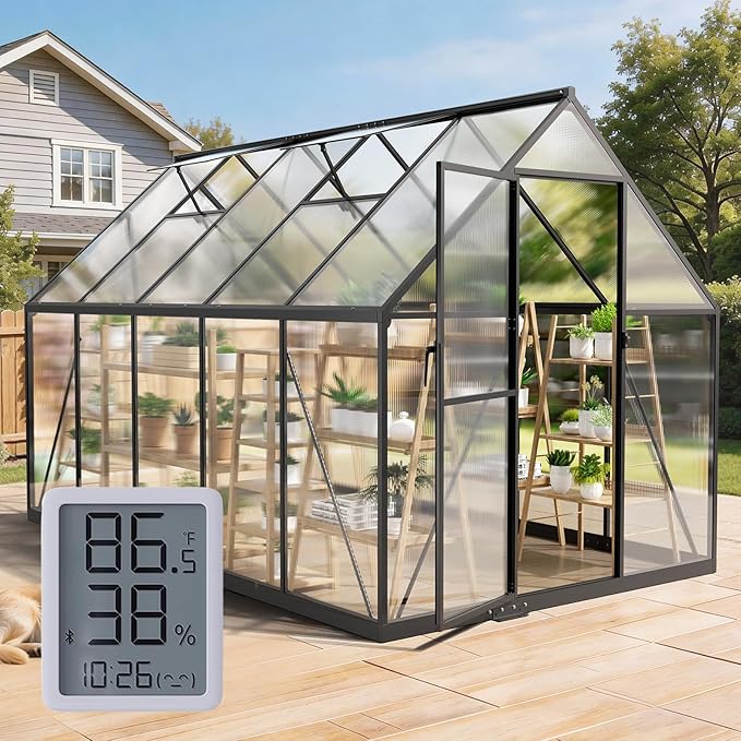 6x10FT Greenhouse for Outdoors with Hygrometer, Polycarbonate Green House with UV Protection, Heavy Duty Greenhouse with Windproof Aluminum Frame, Roof Vent & Quick-Install Design