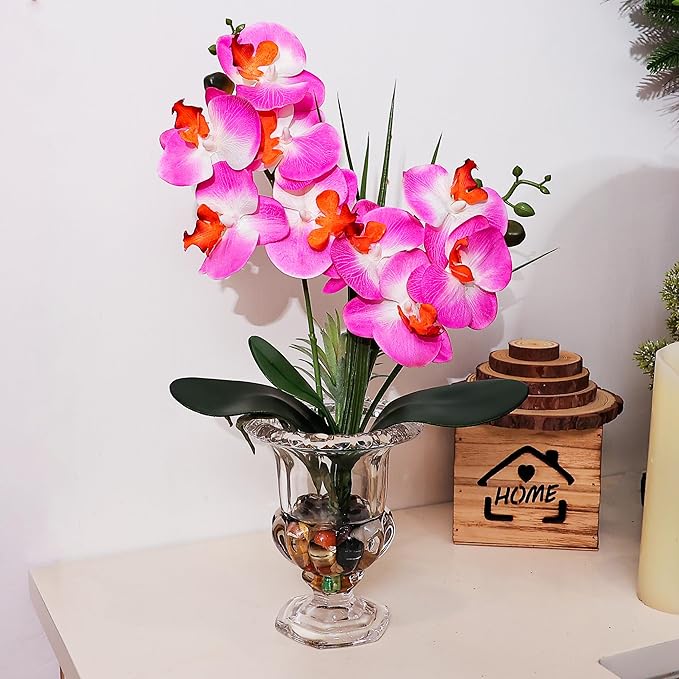 Jusdreen Artificial Purple Orchid Centerpiece, 14.5 Inch Phalaenopsis in Glass Vase with Potting for Home Office Table Decor, Realistic Orchid Arrangement