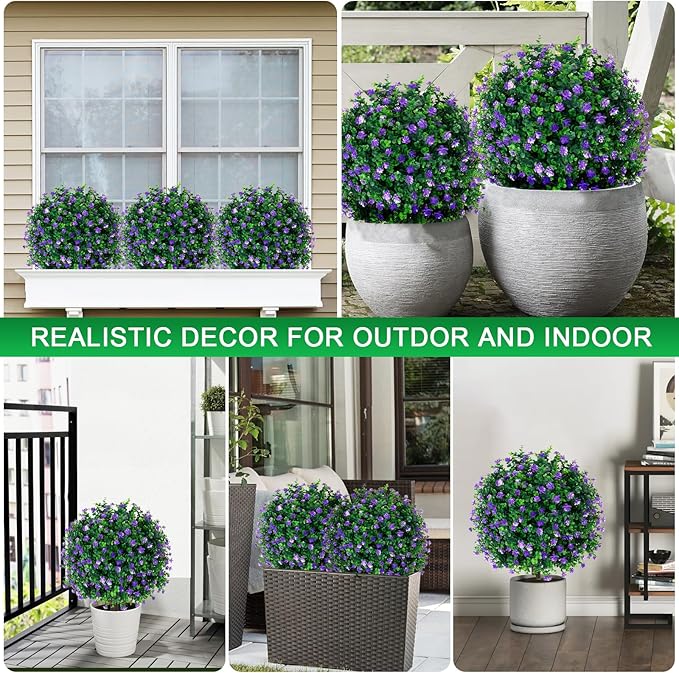Artificial Purple Flower Boxwood Topiary Ball Trees,2 Set of 16'' UV Resistant Fake Evergreen Shrubs Bushes Plants with Ground Spike, Fake Plants for Outdoor Indoor Front Porch Garden