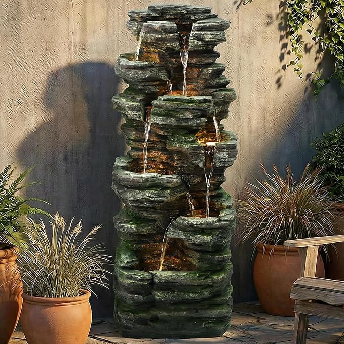 46" H Outdoor Water Fountain, 7-Tiers Cascading Rock Waterfall Fountain with 6 Warm LED Lights, Large Water Feature for Outdoor Indoor, Garden Water Fountain for Patio, Yark, Deck, Porch, Home Decor