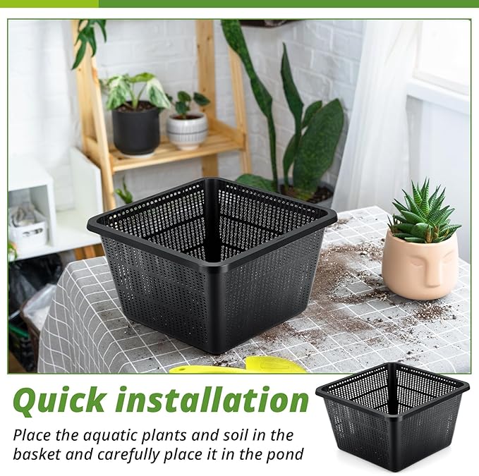 16 Pcs Aquatic Plant Baskets for Hydroponics Water Plant Pots Black Plastic Mesh Basket 9 x 9 x 5.2 Inch Square Pond Containers for Island Live Aquarium Botany Flowers