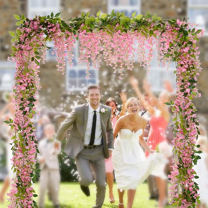 Lvydec Wisteria Artificial Flowers Garland, 4 Pcs Total 28.8ft Artificial Wisteria Vine Silk Hanging Flower for Home Garden Outdoor Ceremony Wedding Arch Floral Decor (Pink)