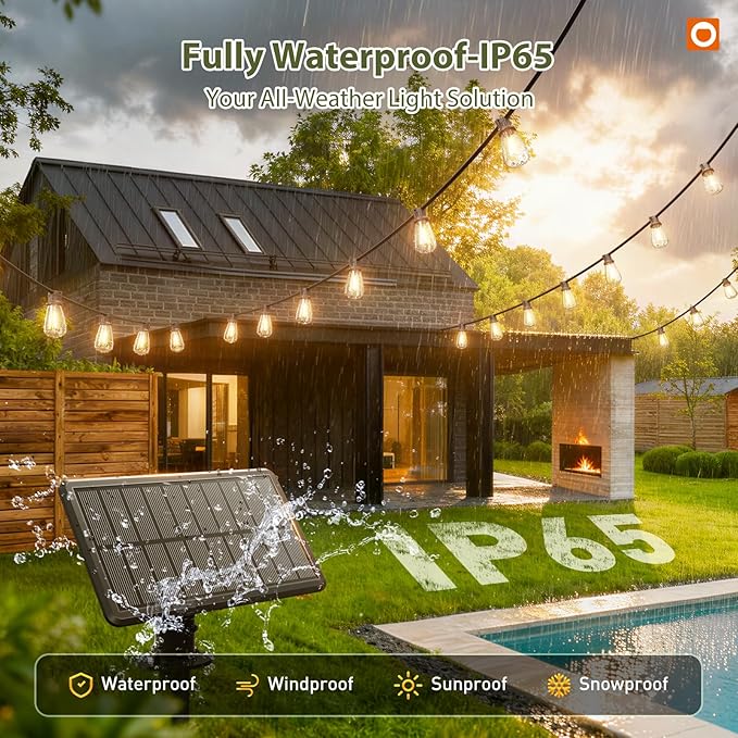 addlon 33(27+6) FT Solar String Lights Waterproof,Patio Light Solar Powered with Remote& USB Port 9+1 LED Shatterproof Bulbs 3 Lighting Modes Outdoor for Camping Backyard Garden