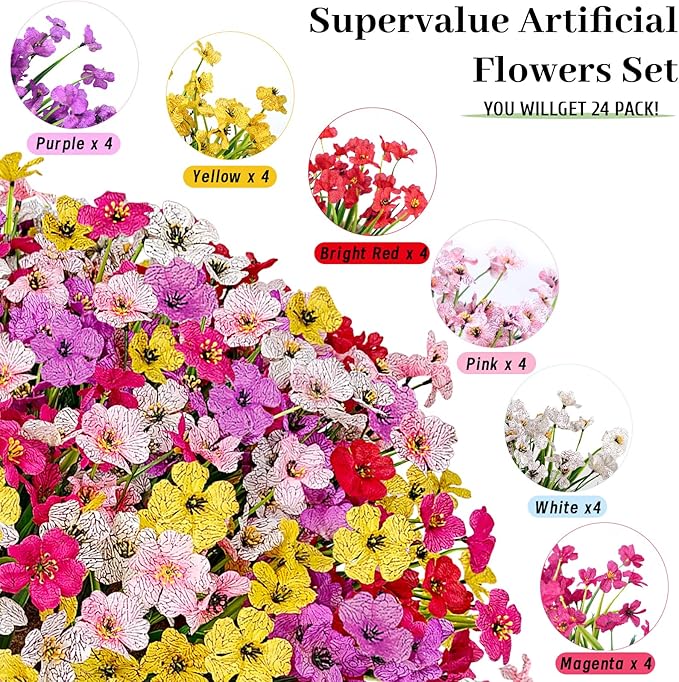 Uieke Artificial Flowers for Outdoors, 24 Bundles UV Resistant Faux Flowers No Fade Fake Plastic Plants for Outside Indoor Home Garden Porch Wedding Spring Summer Decor(Mix Color)