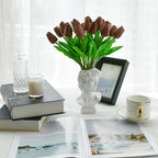 Mandy's Brown Artificial Tulips Flowers Centerpiece, 13.5" Lifelike PU Fake Floral Stems 20pcs for Kitchen Island & Dining Table, Spring Decor for Easter
