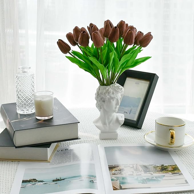 Mandy's Brown Artificial Tulips Flowers Centerpiece, 13.5" Lifelike PU Fake Floral Stems 20pcs for Kitchen Island & Dining Table, Spring Decor for Easter