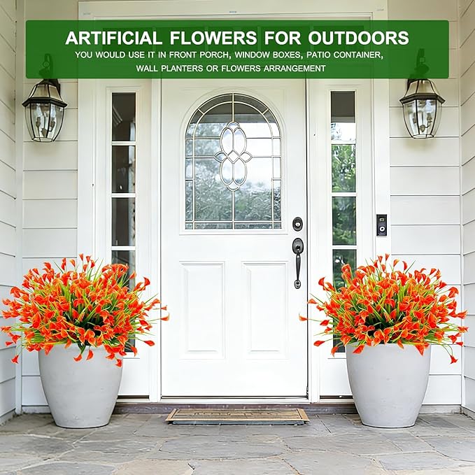 TURNMEON 12 Bundles Calla Lily (240 Heads) Artificial Flowers for Outdoors, Fake Plants UV Resistant Faux Plastic Fake Flowers for Indoor Home Porch Yards Spring Summer Cemetery Decor(Orange Red)