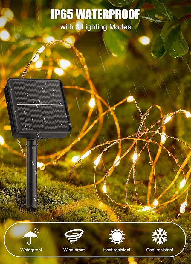 Minetom Solar Fairy Lights,33Ft 100 LED Solar String Lights Outdoor, IP65 Waterproof Patio Lights with 8 Modes for Tree Patio Christmas Party Wedding Decor (Warm White)