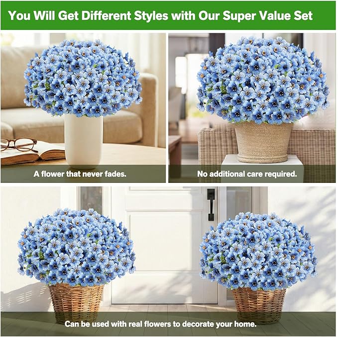 Artificial Flowers Fake Plants for Outdoors Spring Decoration, 13Bundles Silk Realistic UV Resistant Faux Flowers for Outside Planter Porch Yard Patio Garden Home Indoor, Blue