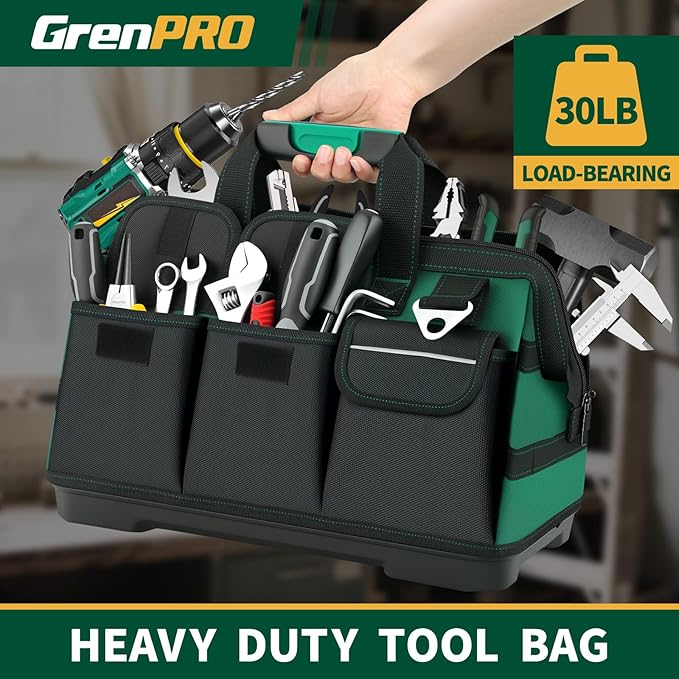 GRENPRO Heavy Duty Tool Bag 18Inch, 18-Pocket Molded Bottom Toolbox Organizer Portable Waterproof, Upgraded Handle Tool Bag for Mechanics, DIY, Valentines Day Gifts for Him Dad Men