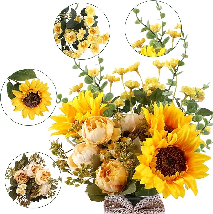 CEWOR Fake Flowers in Vase, Artificial Flowers with Vase Faux Silk Floral Arrangement Table Centerpieces Decor for Home Office Dining Farmhouse Coffee Table Living Room Bathroom Plant Decor(Yellow)