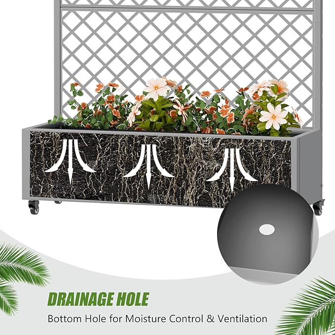 Casaphoria Metal Raised Garden Bed with Trellis and Wheels, 72"x47"x16" Arched Planter Box for Climbing Plants, Vegetables & Vines, Features Drainage Holes and Privacy Screen, Grey-Rhombus