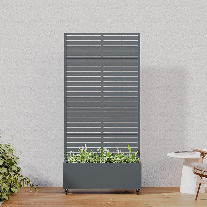 Casaphoria Metal Raised Garden Bed with Trellis and Wheels, 72"x35"x16" Planter Box for Climbing Plants, Vegetables & Vines, Features Drainage Holes and Privacy Screen, Drakgrey-Louvered