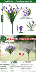 TURNMEON 12 Bundles Calla Lily (240 Heads) Artificial Flowers for Outdoors, Fake Plants UV Resistant Faux Plastic Fake Flowers for Indoor Planter Home Porch Yards Spring Summer Cemetery Decor(Purple)