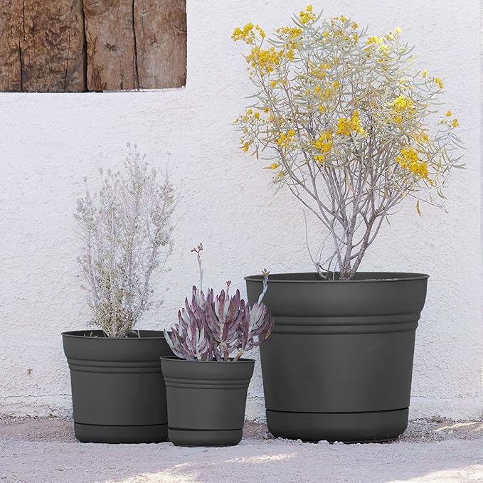 Bloem Saturn 14" Charcoal Round Resin Planter Pot with Snap-in Saucer for Indoor and Outdoor Gardening