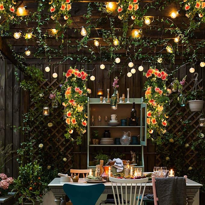 RECUTMS 2pcs Artificial Hanging Plants 32 in Fake Plant Ivy Vine Outdoor, Hanging Champagne Rose Flower Wall Sconce, UV Resistant Plastic for Valentines Day Wall Hanging Decorations(Champagne)