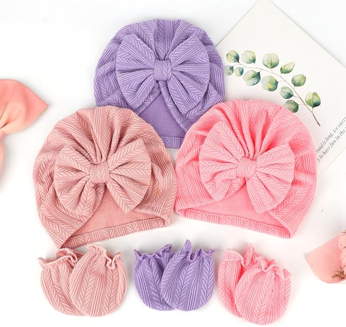 BQUBO Baby Turban Hats and Mittens Set Newborn Infant Hospital Hats Caps with Bows for Baby Boys Girls 0-12 Months
