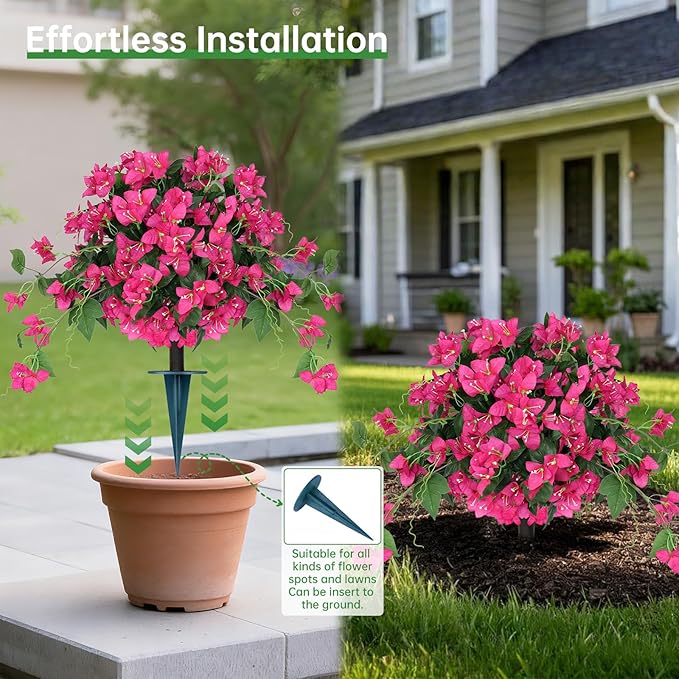 Artificial Bougainvillea Topiary Trees Set of 2, Pink Fake Shrubs Bushes with Ground Spike, Faux Evergreen for Porch Plants, UV Resistant Artificial Flowers for Outdoors Indoor Front Garden