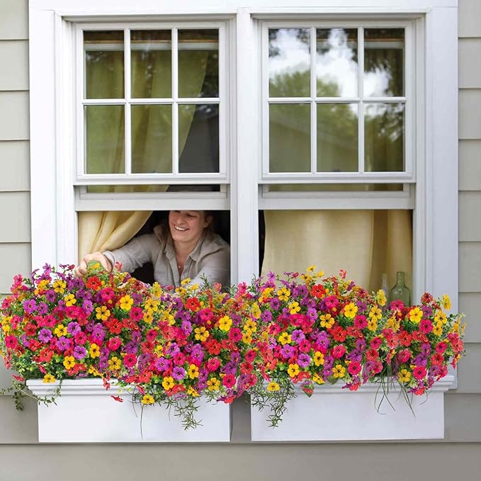 ADXORA 24 Bundles Artificial Flowers,Faux Plants for Spring Summer Decoration, UV Resistant Colorful Violets Eucalyptus for Outside Home Planter Porch Patio Yard Decor