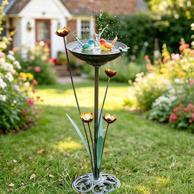 HOUYANG Diam 11.4" W x 32.3" H Cast Iron Pedestal Bird Bath, Bird Baths for Outdoors,Vintage Metal Bird Bath Garden Yard Decoration