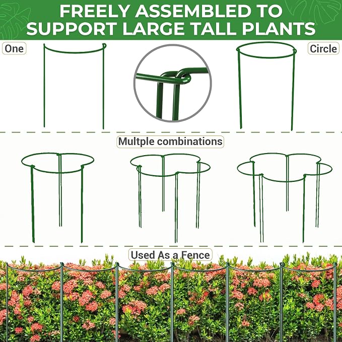 LEOBRO Plant Support Plant Stakes, 12pcs Peony Cages and Supports, Metal Garden Stakes Plant Supports, Plant Support Stakes, for Peony, Tomato, Hydrangea, Indoor Outdoor Plants, 10" W x 24" H