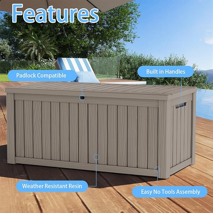150 Gallon Large Outdoor Storage Box Waterproof, UV Resistant Resin Deck Box with Hydraulic Rod & Lockable Latch for Patio Furniture, Outside Storage Box for Garden Tools, Patio Cushions, Gray