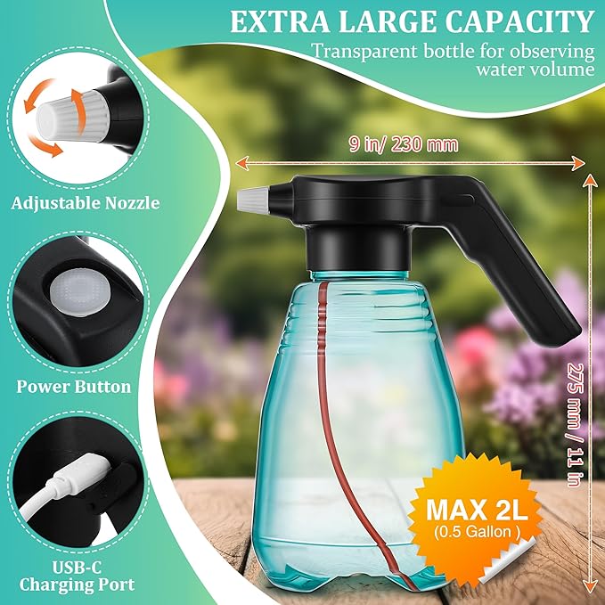 Electric Spray Bottle Plant Mister for Indoor Outdoor Plants, 0.5 Gallon Automatic Watering Can Rechargeable Battery Powered Sprayer with Adjustable Spout for Gardening, Cleaning(Green Style)