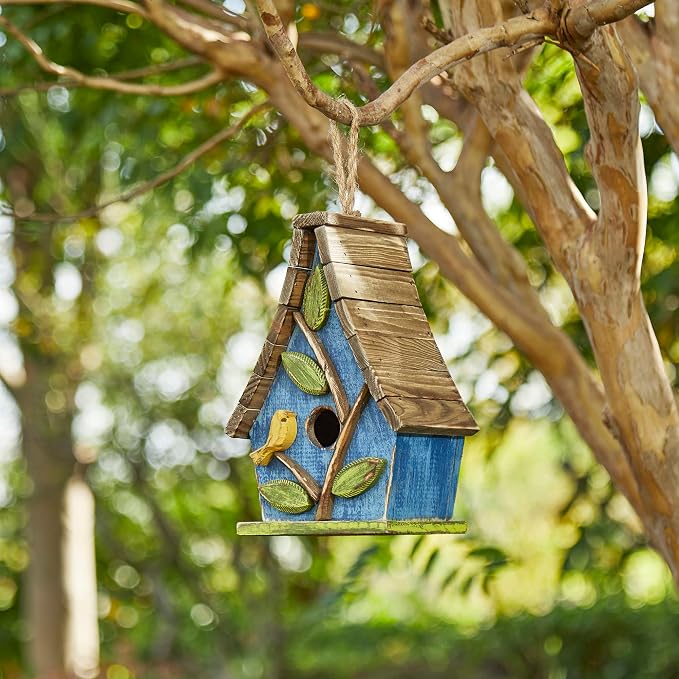 Glitzhome Hanging Bird House for Outdoor, 9.5"H Decorative Pet Cottage Distressed Wooden Bird House with Natural Wood Slatted Roof and 3D Tree for Bluebird Swallow Sparrow Finch Cardinals,Washed Blue