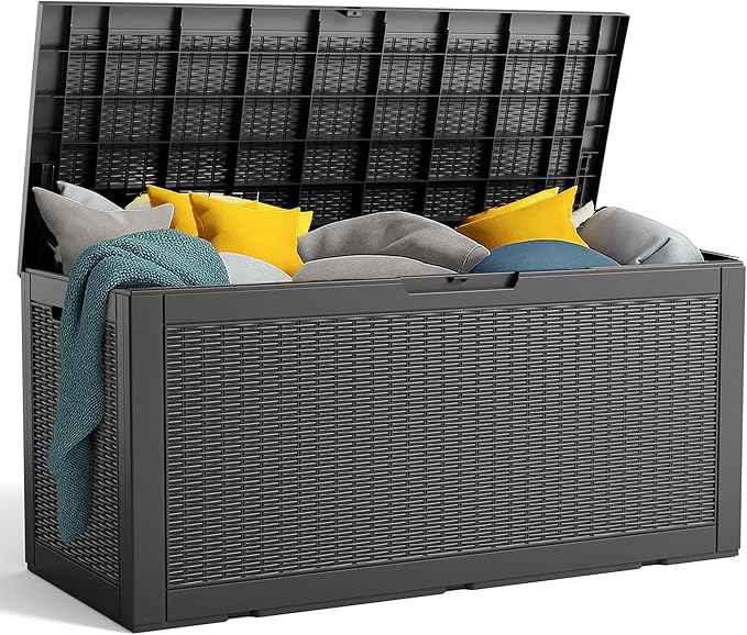 PatioZen 100 Gallon Resin Deck Box, Lockable Patio Outdoor Storage Box for Furniture, Garden Tools and Tools Storage, Waterproof Outside Storage Boxes - Black