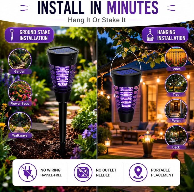 4 Pack Solar Bug Zapper Outdoor Waterproof Solar Powered Mosquito Zapper Repellent Outdoor Patio,Cordless & Auto On/Off Trap Light with Hook for Small Fly Zappers for Garden Backyard Gnat for Outside