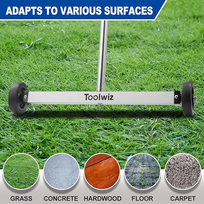 Toolwiz 15" Rolling Magnetic Sweeper 10lbs, with 16 lbs Telescopic Magnetic Pick Up tools –Lightweight Pick-up Sweeper with Wheels for Nails, Screws & Metal Debris Home Use Workshop Garage