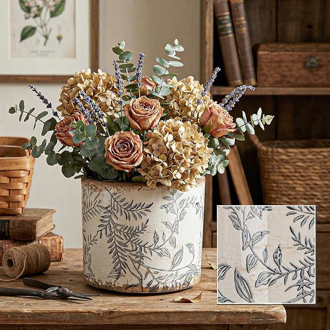 Potchen Indoor Ceramic Plant Pots with Drainage Hole 5 Inch Chinese Glaze Ice Crack Flower Pot Vintage Succulent Pots Porcelain Decorative Planter for Plants Herb Home Decor(Grey,Retro Style)