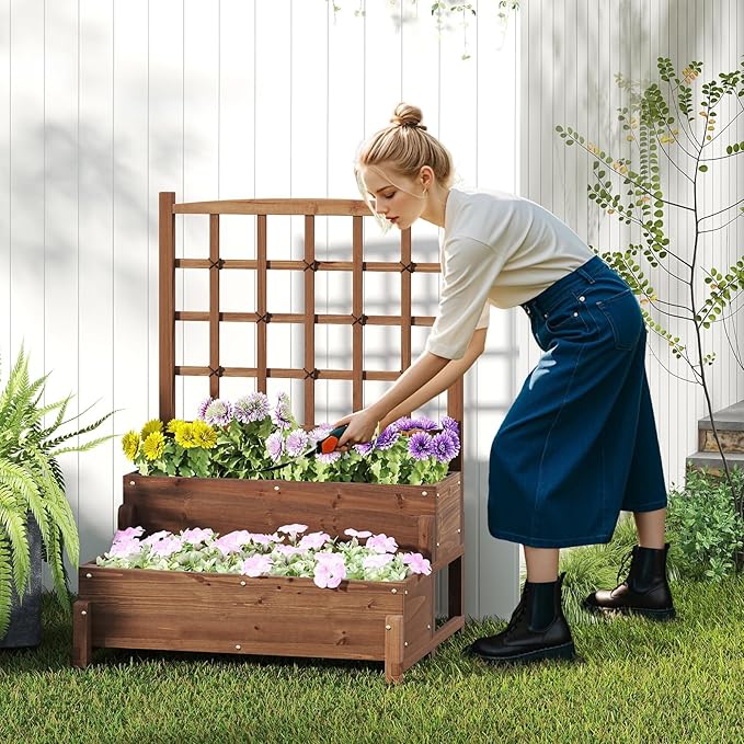 Byroce Outdoor Raised Garden Bed, Garden Planter Box with Lattice Trellis, Legs & Drainage Hole, 2-Tier Standing Elevated Planter for Flower, Fruit, Vegetable & Climbing Plants in Patio, Balcony (1)